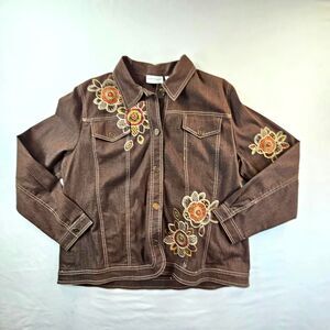 Alfred Dunner Woman Denim Jacket Brown Size 16 Embroidered Long Sleeve